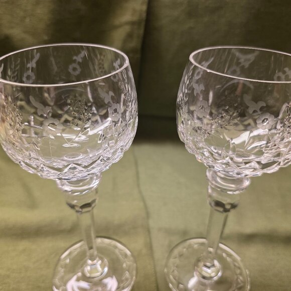 Set of 2 Rogaska Crystal Gallia Wine Hock Balloon Glasses 8" Flora Orig Owner - Picture 2 of 8